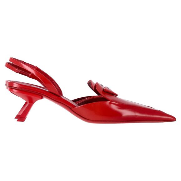Prada Shoes - Prada Logo-Plaque Slingback Kitten-Heel Pumps in Red Leather